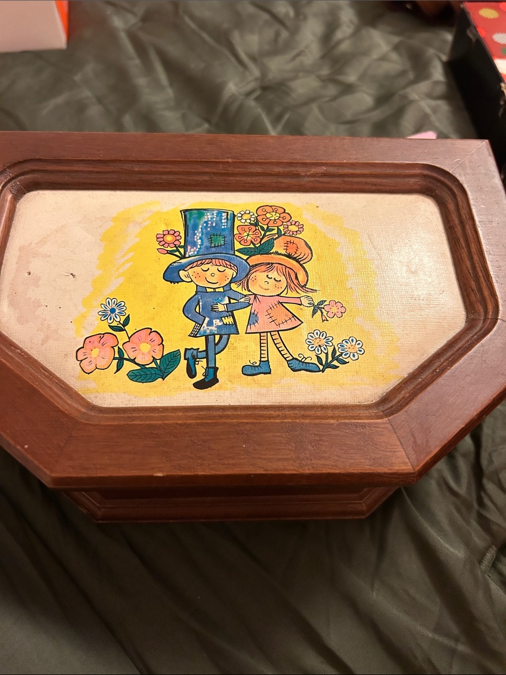 Wooden Trinket Box with Retro Children Illustration - Brown